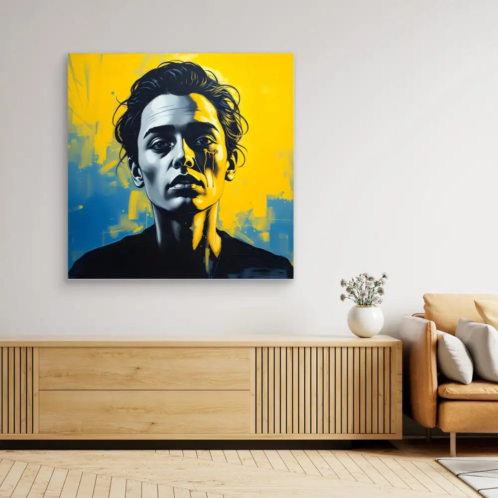 A dramatic pop art portrait painting with a yellow and blue background.