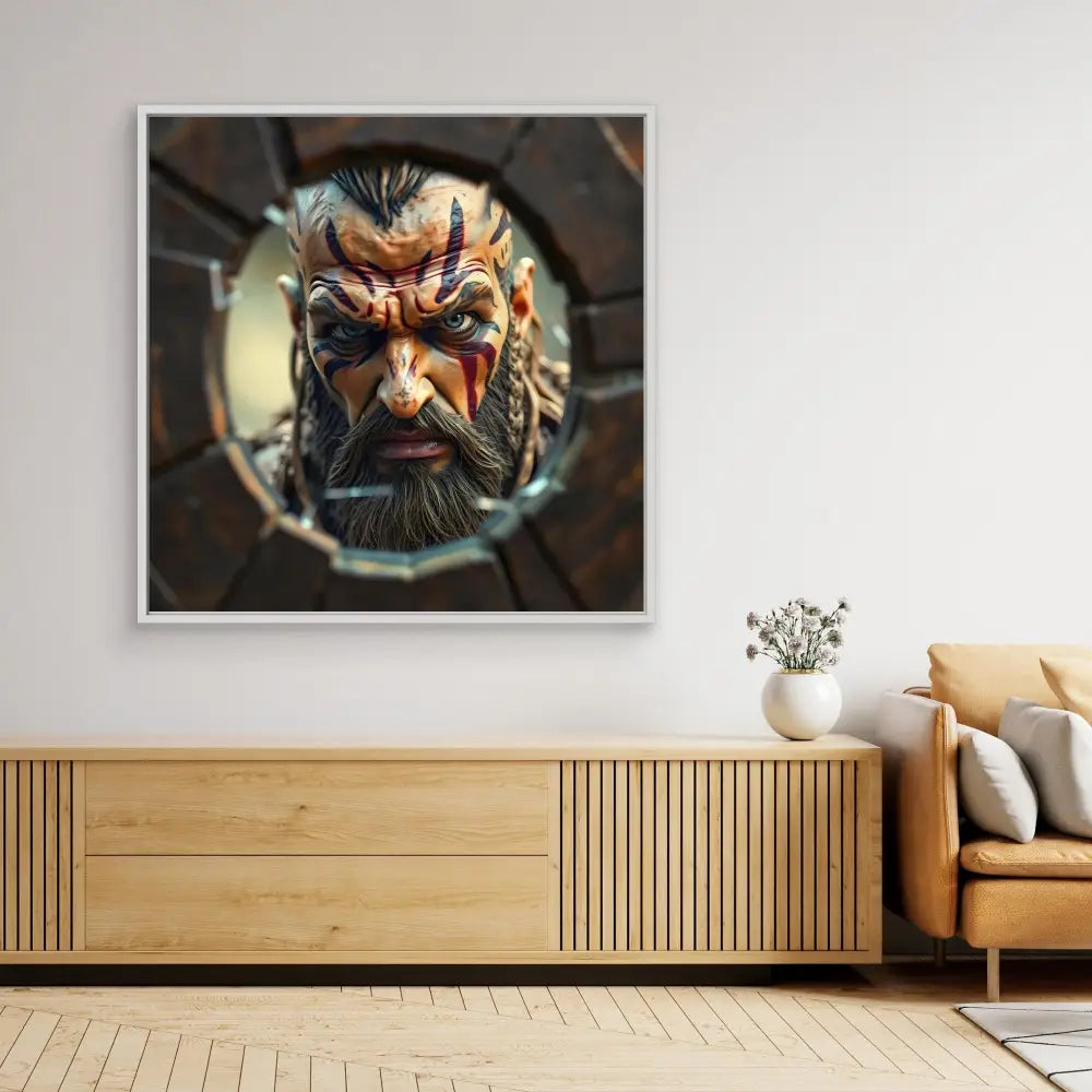 Dramatic portrait artwork of a bearded warrior with intense facial features and fierce expression.