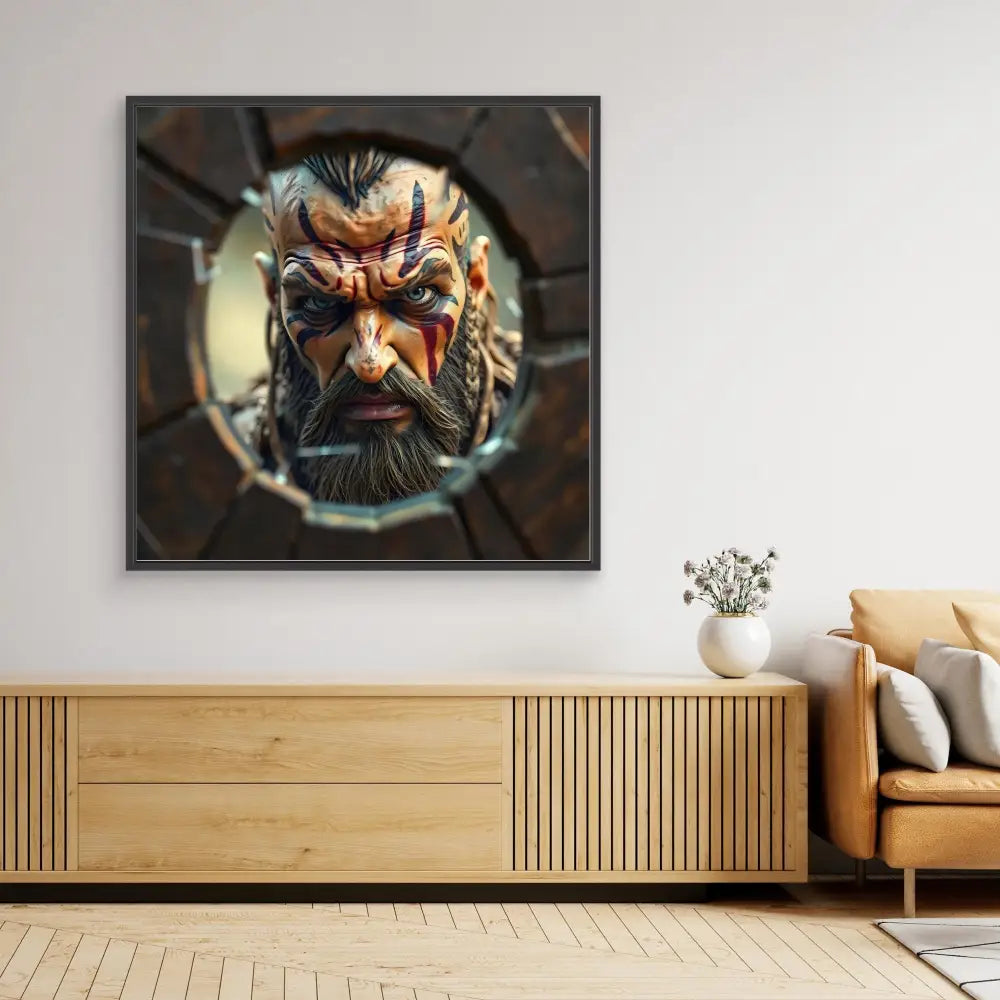 Dramatic portrait artwork of a fierce bearded warrior with intense facial features and dramatic lighting.