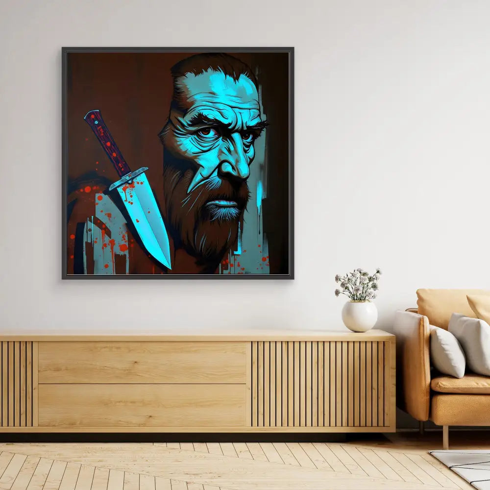 Dramatic portrait artwork in neon blue tones featuring a stern bearded figure with a knife.