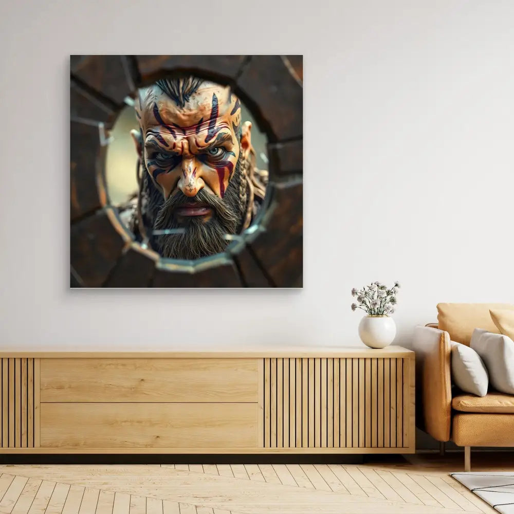 Dramatic portrait of a bearded warrior with intense facial features viewed through a circular frame.