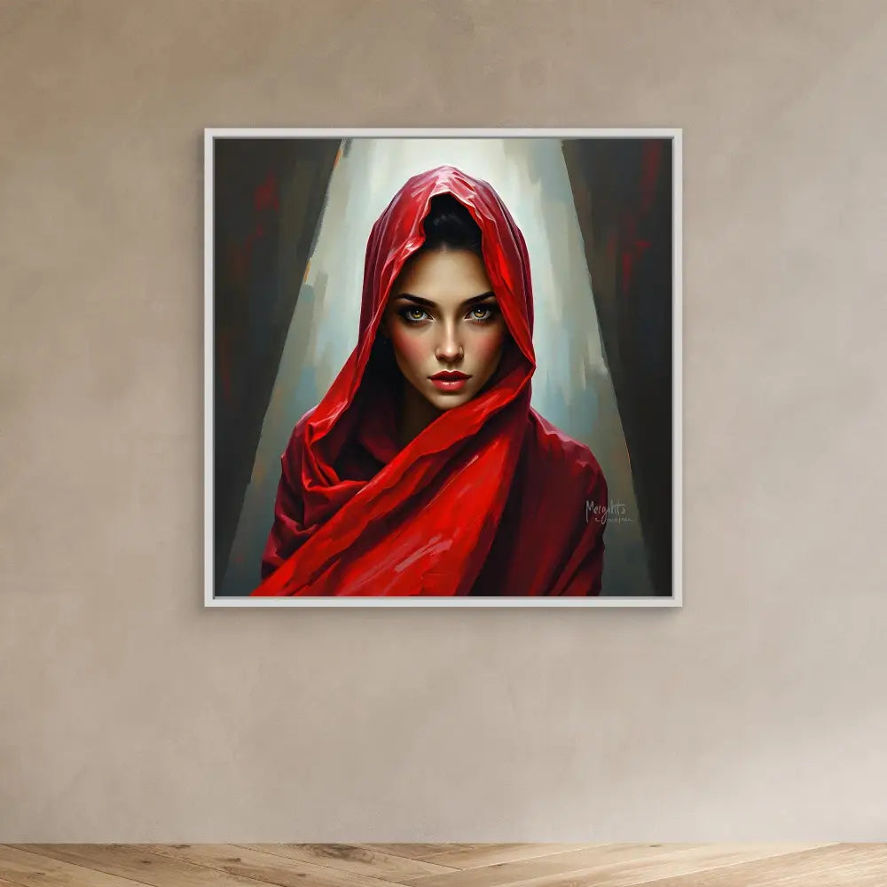 A dramatic portrait of a figure wearing a vibrant red hood and cloak.