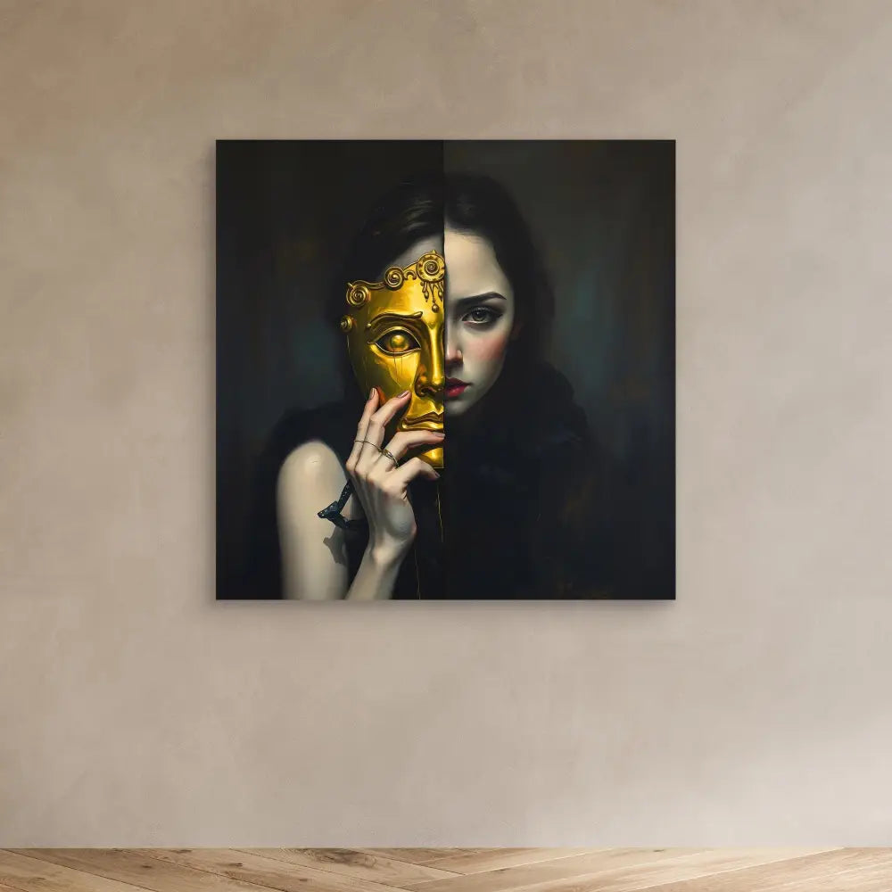 A dramatic portrait featuring a golden mask covering half of a darkly-lit figure.