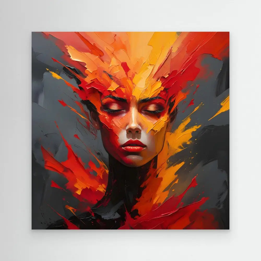 Dramatic portrait painted in explosive shades of red, orange and yellow against dark tones.