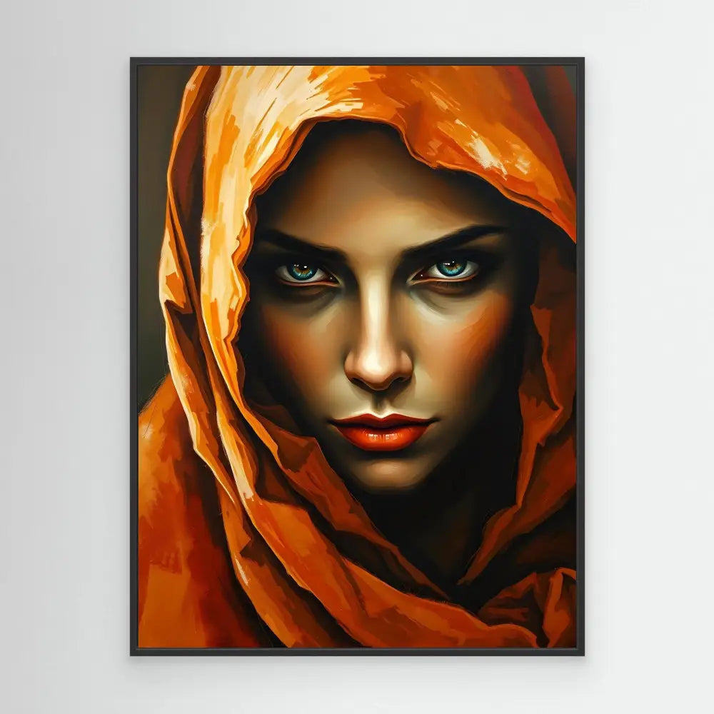 A dramatic portrait painting featuring piercing blue eyes beneath an orange hooded cloth.