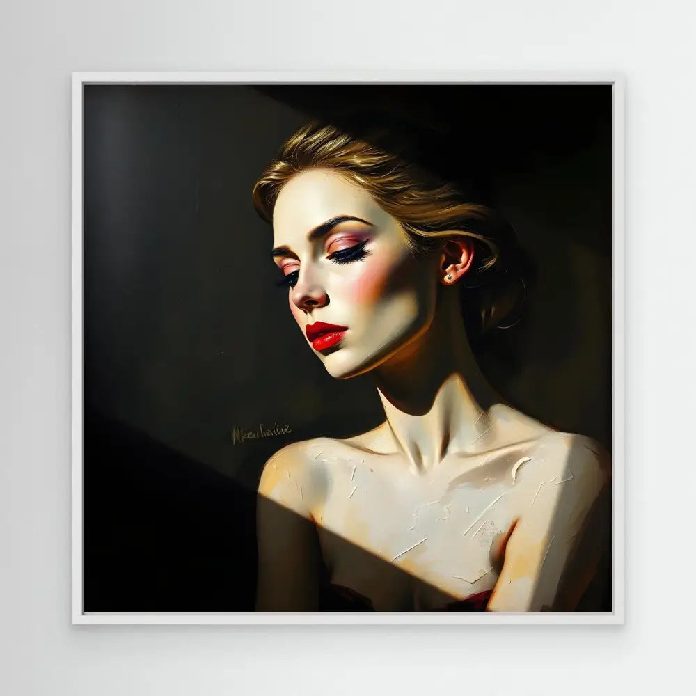 Dramatic portrait painting featuring bold makeup, red lips, and elegant shadows on pale skin.