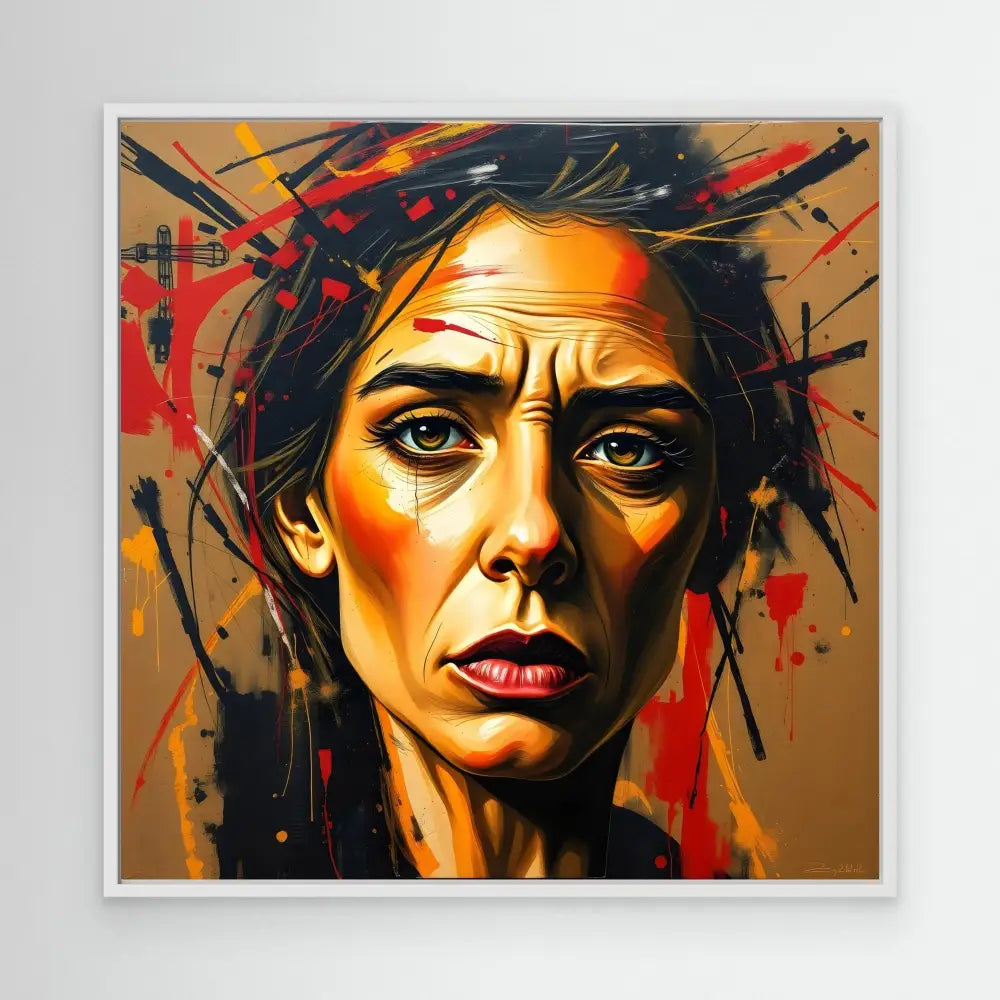 A dramatic portrait painting with bold orange and red tones against dark abstract brushstrokes.