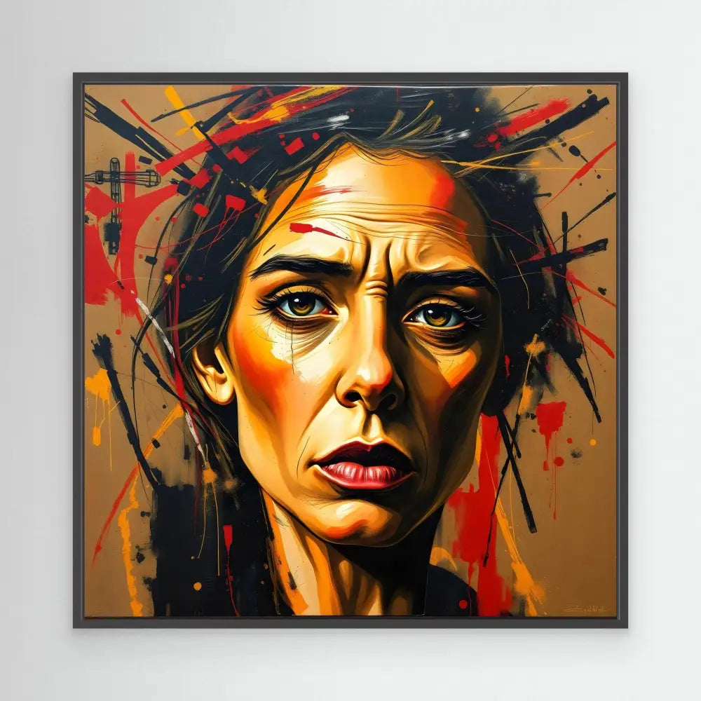 A dramatic portrait painting with bold orange and red tones against dark abstract brushstrokes.