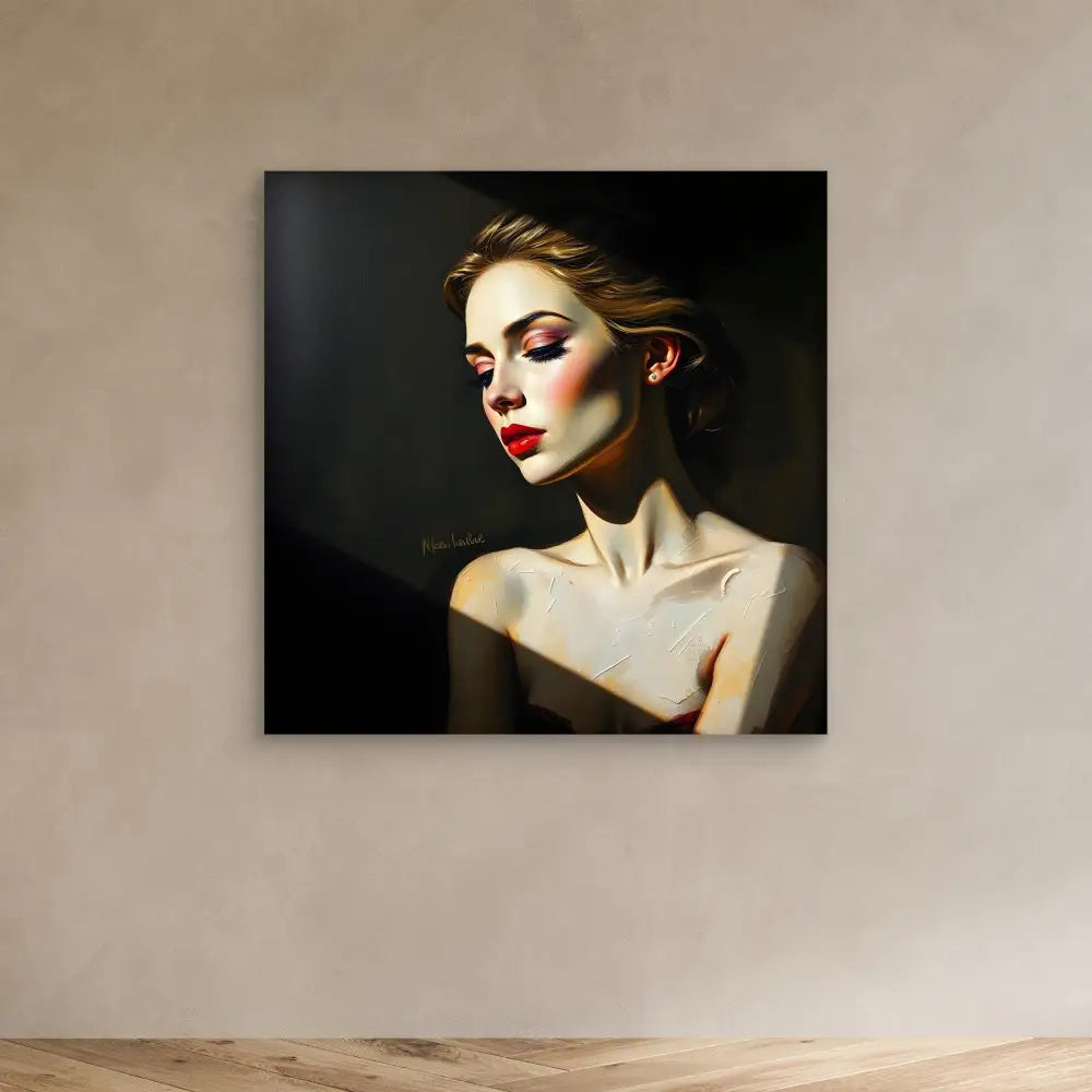 Dramatic portrait painting featuring bold red eye makeup and dramatic lighting against a dark background.