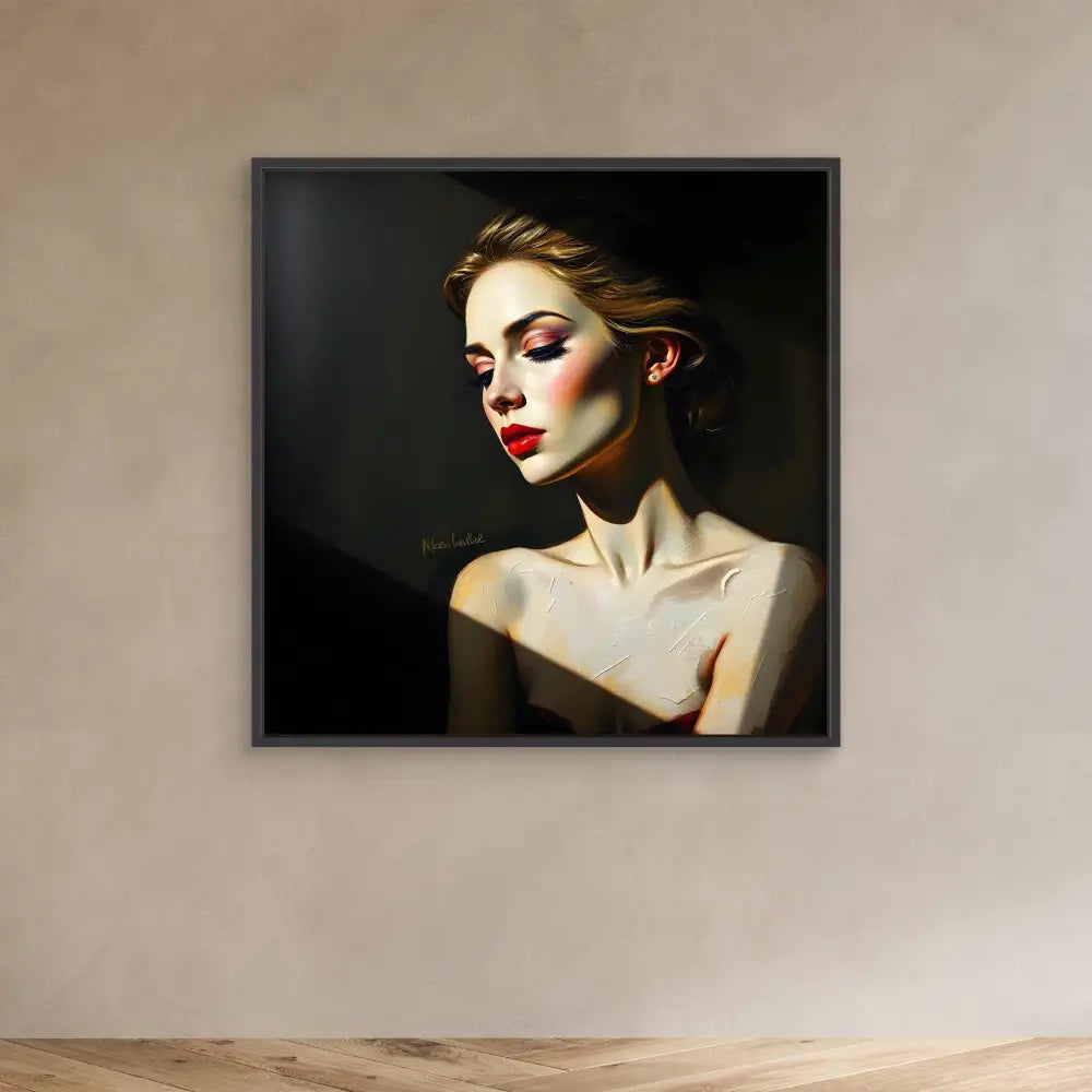 Dramatic portrait painting featuring bold red lipstick and eye makeup against dark shadows.