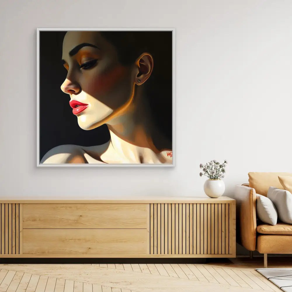 A dramatic portrait painting featuring bold red lipstick and dramatic lighting against a dark background.