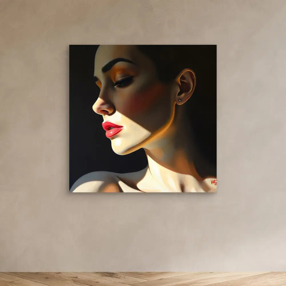 Dramatic portrait painting featuring bold red lipstick and striking shadow play across the subject’s profile.