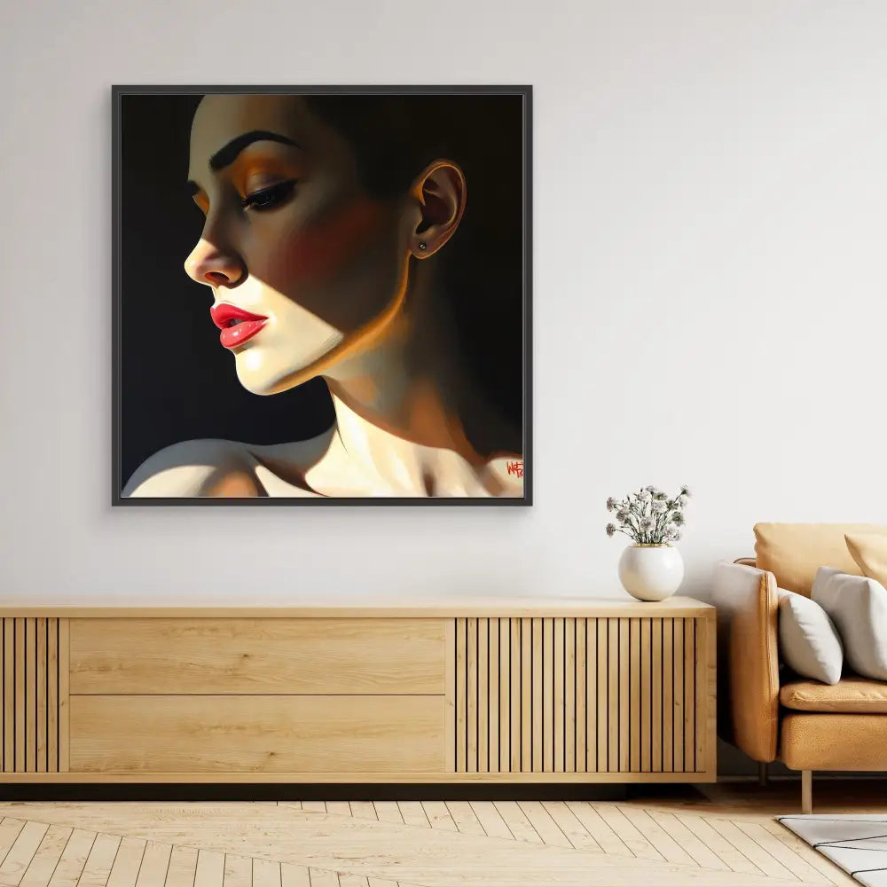 Dramatic portrait painting featuring bold shadows and bright red lipstick in a dark frame.