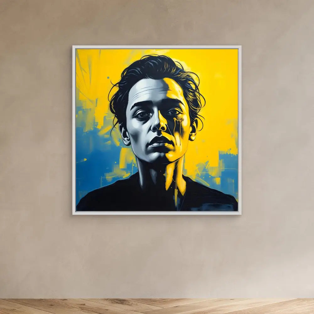 A dramatic portrait painting with bold yellow and blue background colors behind a figure in black.