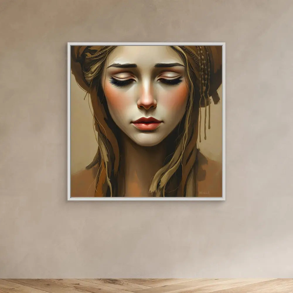 A dramatic portrait painting featuring closed eyes, red lips, and flowing hair against a neutral backdrop.