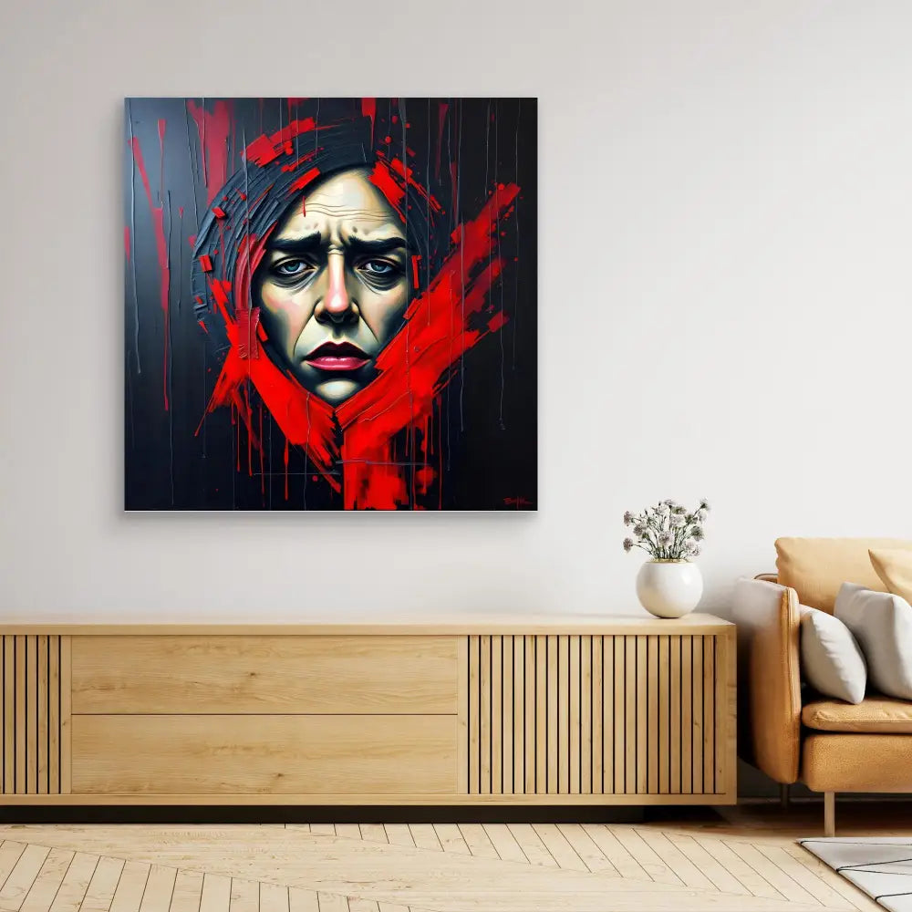 A dramatic portrait painting featuring dark hair and intense expression against a black background with bold red accents.