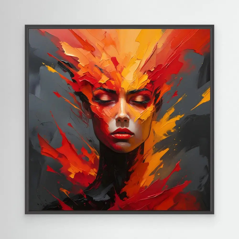 Dramatic portrait painting featuring fiery red and orange abstract elements emerging from a dark figure.