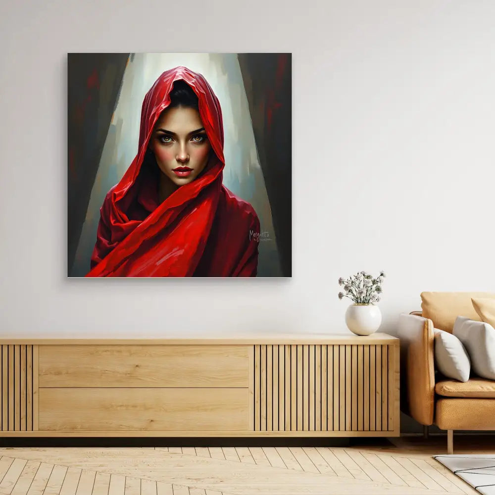 A dramatic portrait painting featuring a figure in a vibrant red hood.