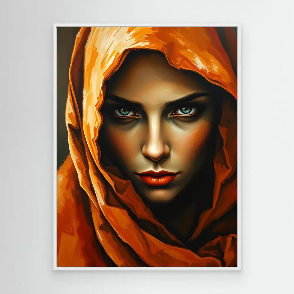 A dramatic portrait painting featuring a figure in a vibrant orange hood with piercing blue eyes and red lips.