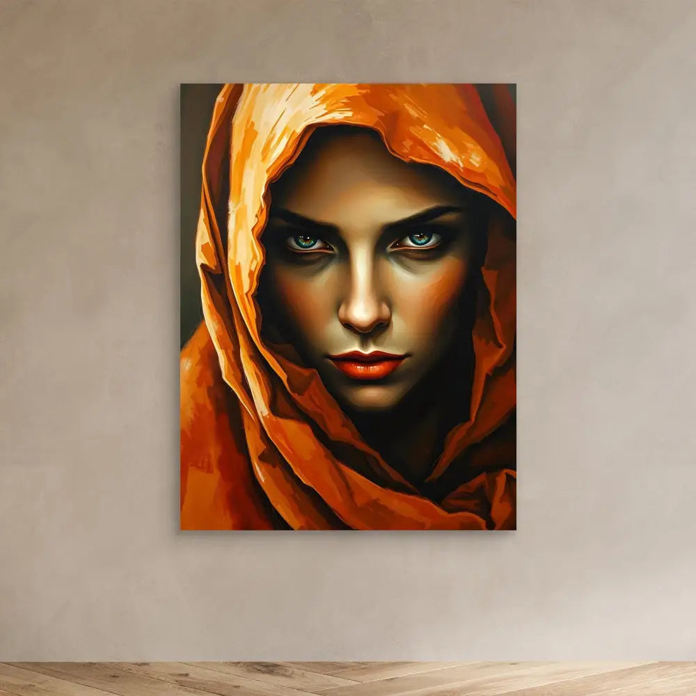 A dramatic portrait painting featuring a figure wearing a vibrant orange-red hood.