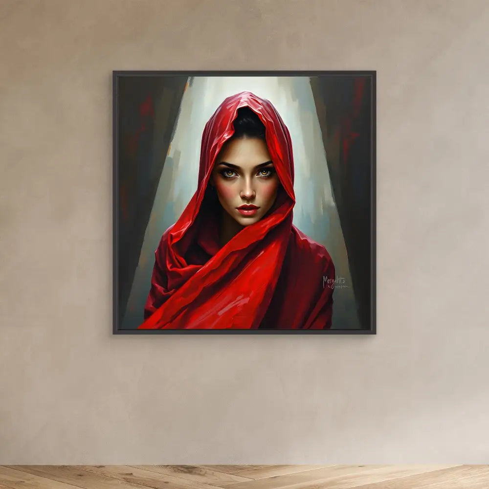 A dramatic portrait painting of a figure wearing a vivid red hood and cloak.