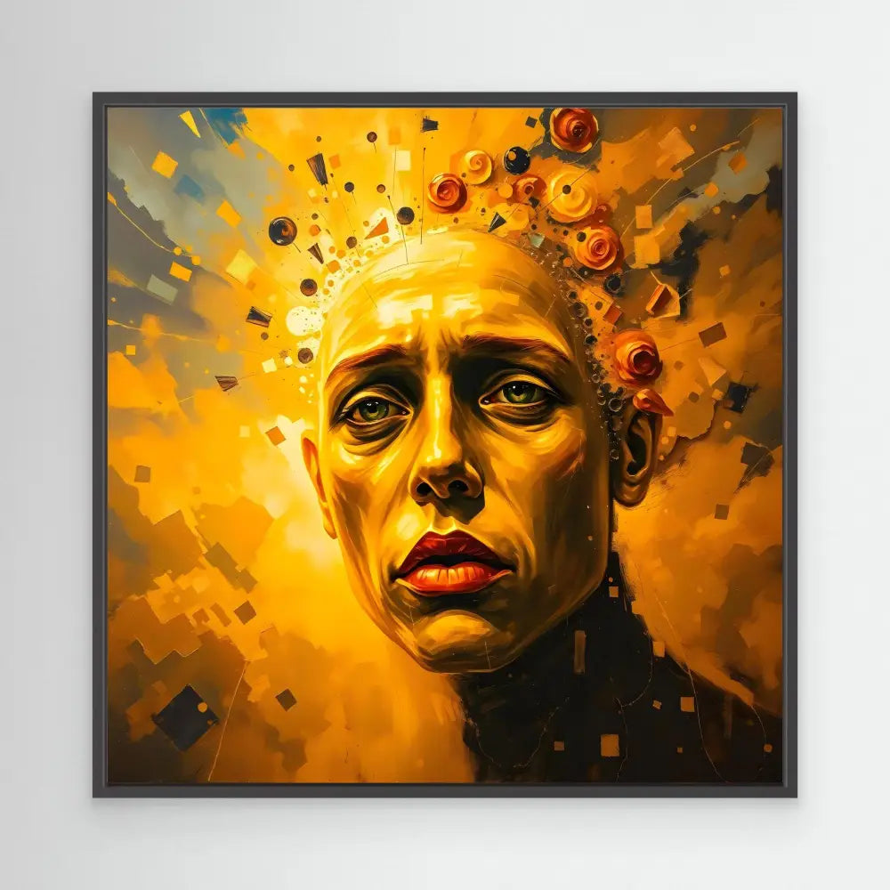 A dramatic portrait painting with golden lighting and floating geometric shapes around the subject’s head.