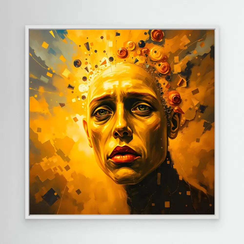 A dramatic portrait painting with golden lighting and floating geometric fragments around the subject’s head.