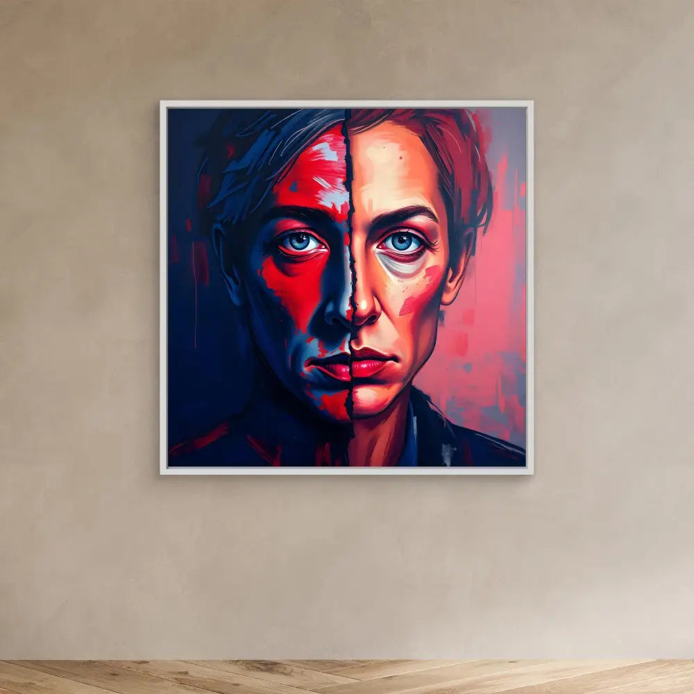 A dramatic portrait painting with half the face illuminated in red light and half in blue tones.