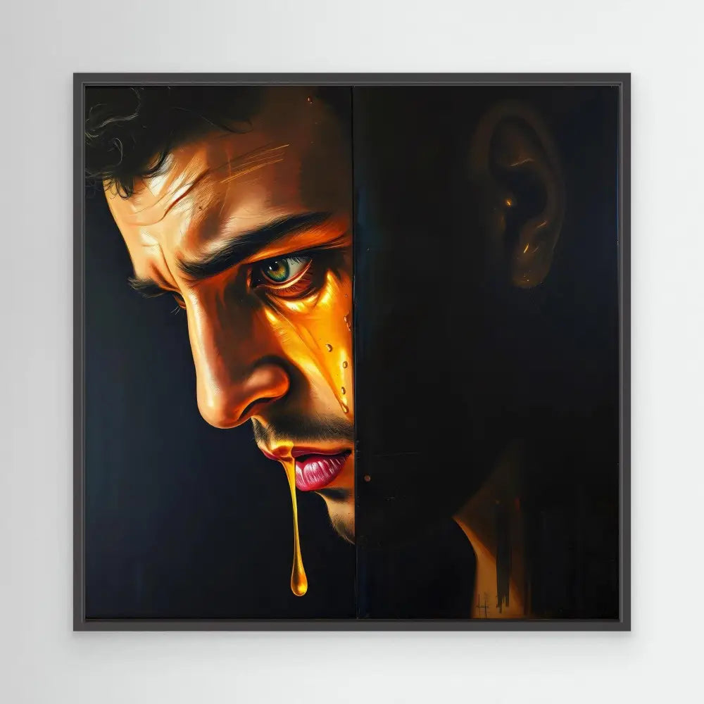 A dramatic portrait painting showing half a face with golden liquid dripping from the mouth.