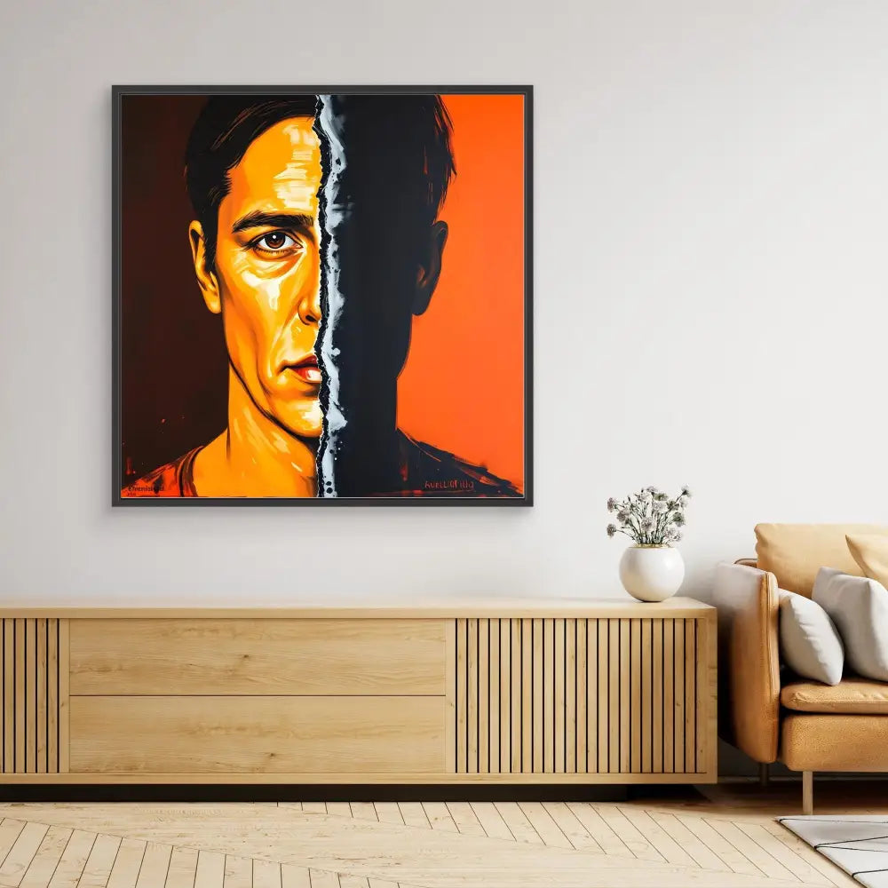 A dramatic portrait painting with half the face in shadow against an orange background.