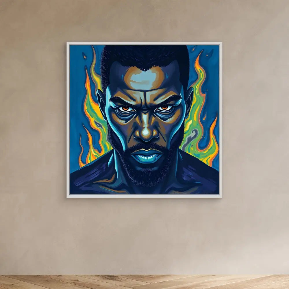 A dramatic portrait painting with intense blue tones and green flame-like elements surrounding the subject.