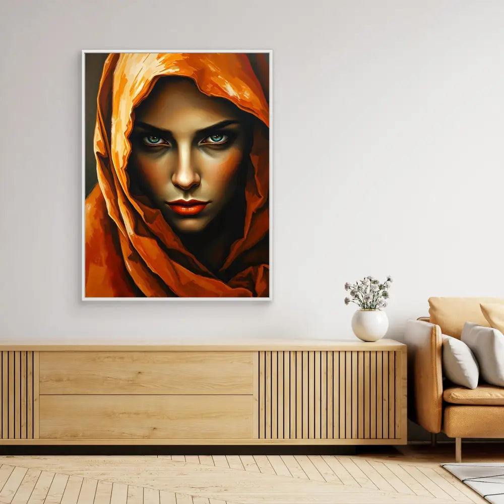 A dramatic portrait painting featuring intense eyes and an orange-gold head covering.