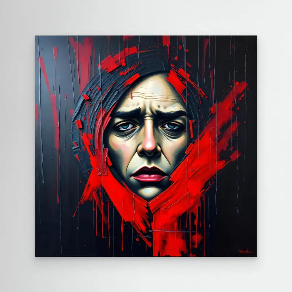 A dramatic portrait painting featuring intense red splashes and drips against a dark background.