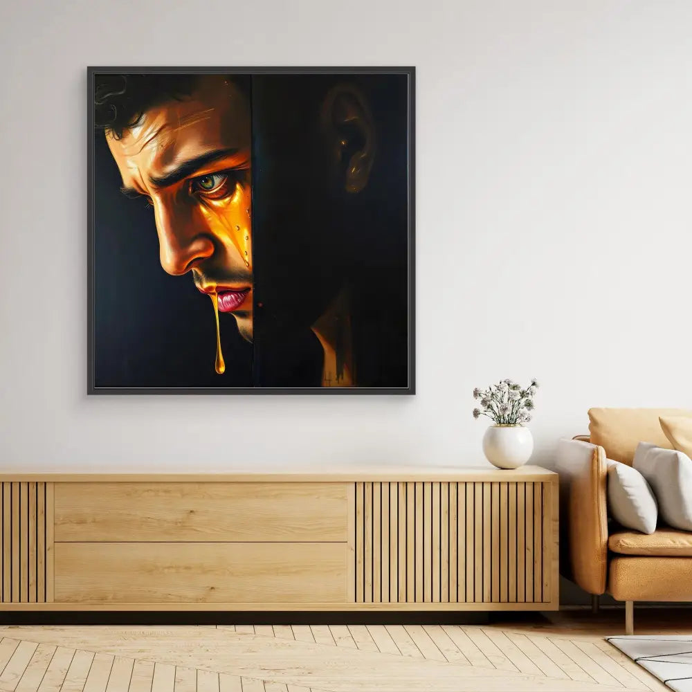 A dramatic portrait painting with intense shadows and warm lighting mounted in a black frame.