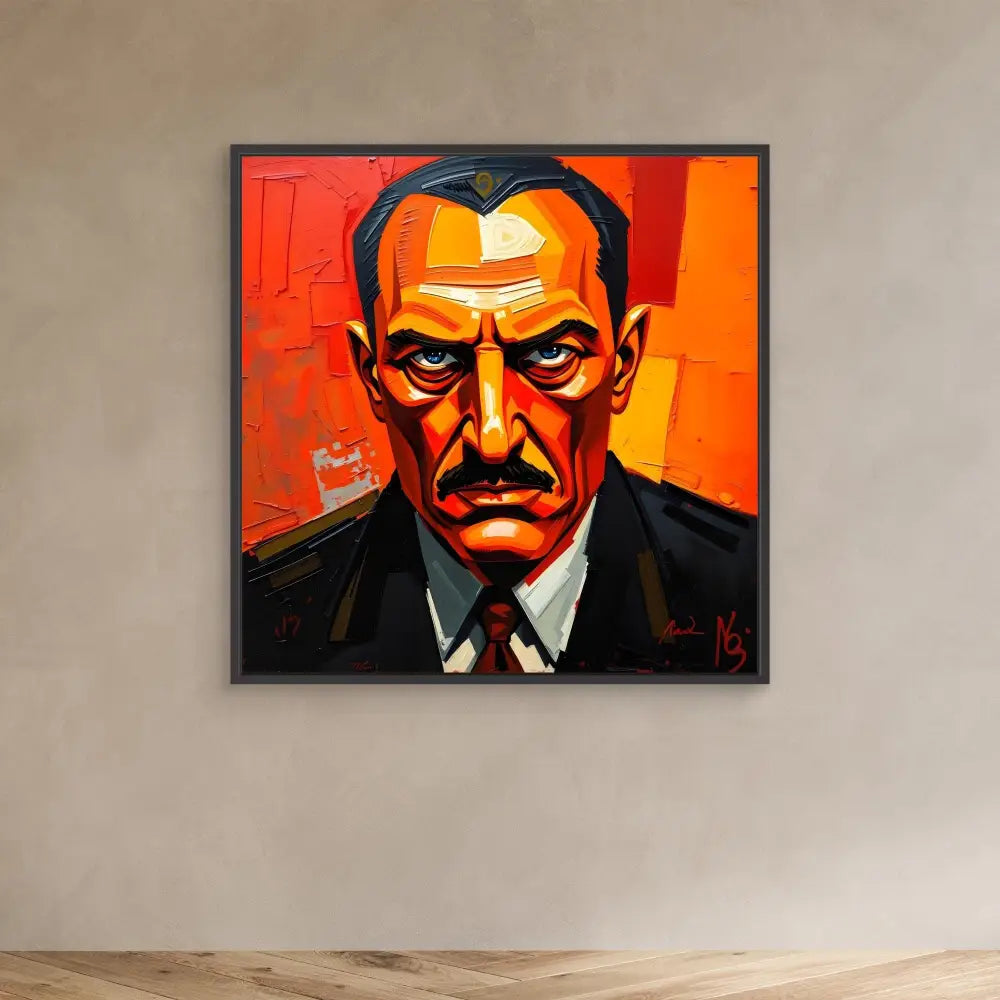 A dramatic portrait painting in orange and black tones showing a stern-looking figure in a dark suit.