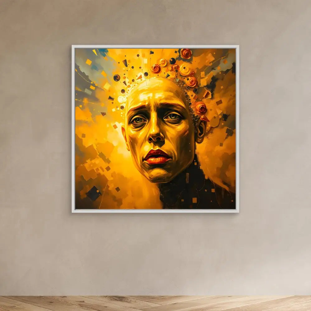 A dramatic portrait painting with an orange and gold color scheme showing a face surrounded by floating fragments.