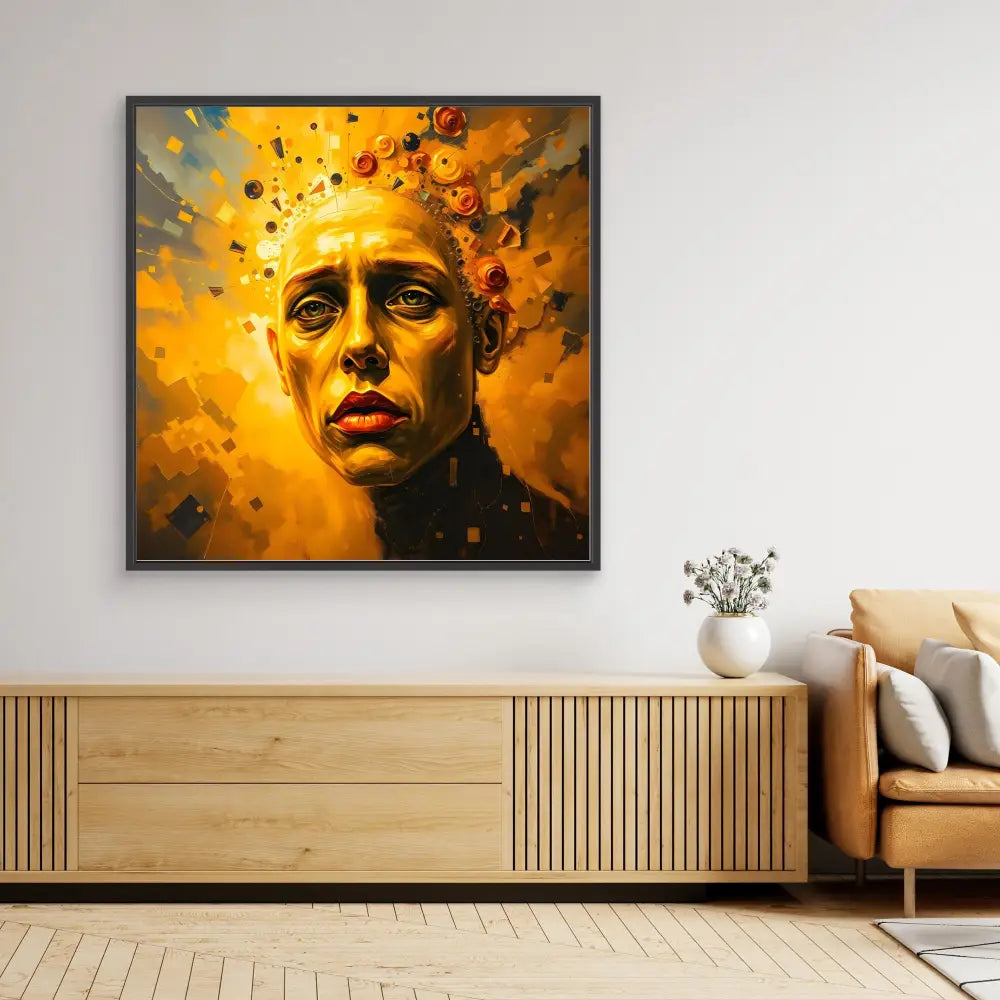 A dramatic portrait painting with an orange and yellow explosive effect around the subject’s head.