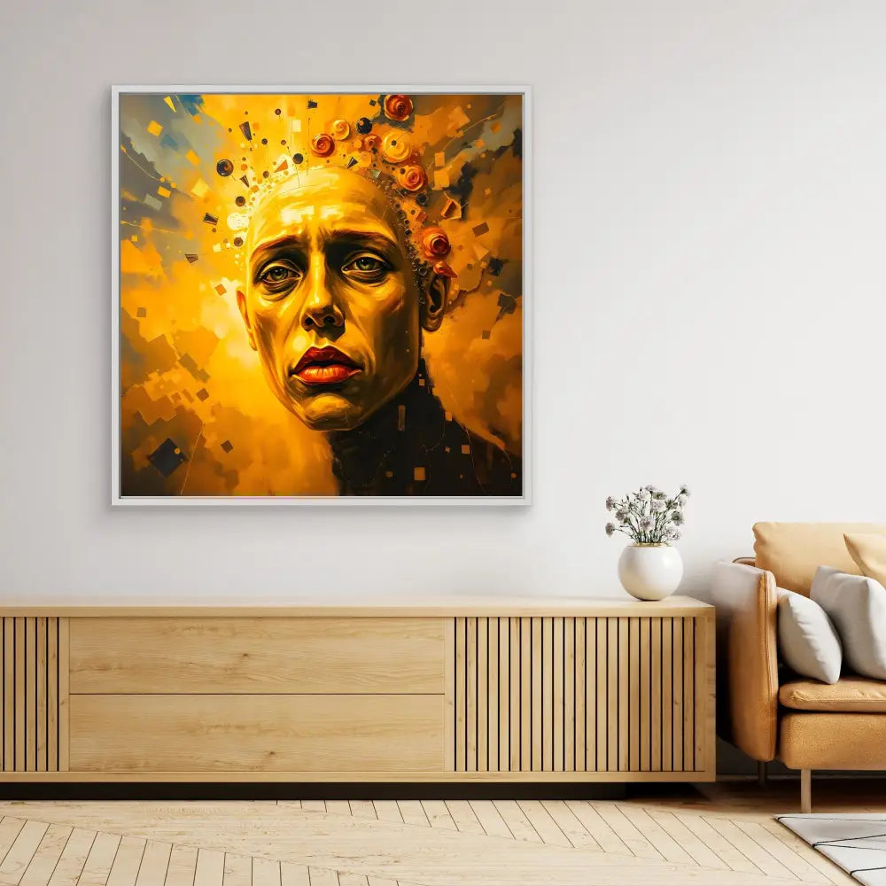 A dramatic portrait painting with an orange and yellow explosive background effect.