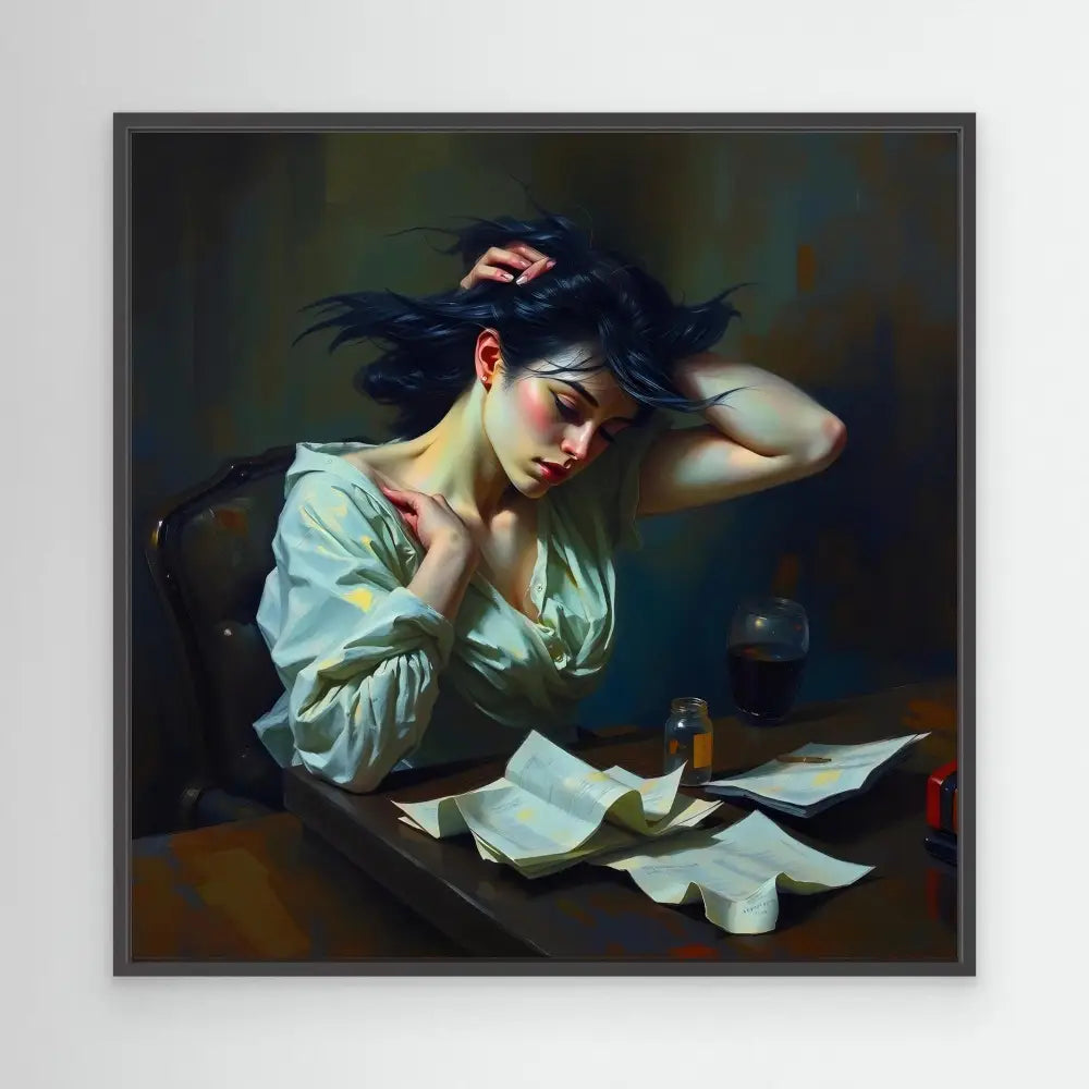 A dramatic portrait painting of someone reading papers at a desk in moody lighting.