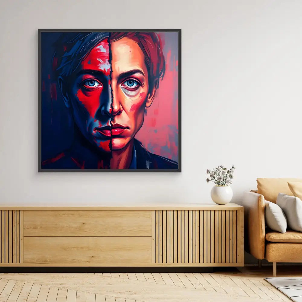 A dramatic portrait painting with red and blue lighting effects in a contemporary artistic style.