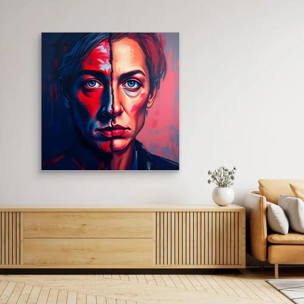 A dramatic portrait painting with red and blue lighting split across the subject’s face.