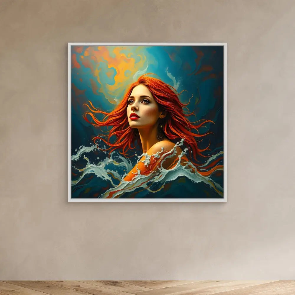 A dramatic portrait painting featuring flowing red hair against swirling turquoise and orange clouds.