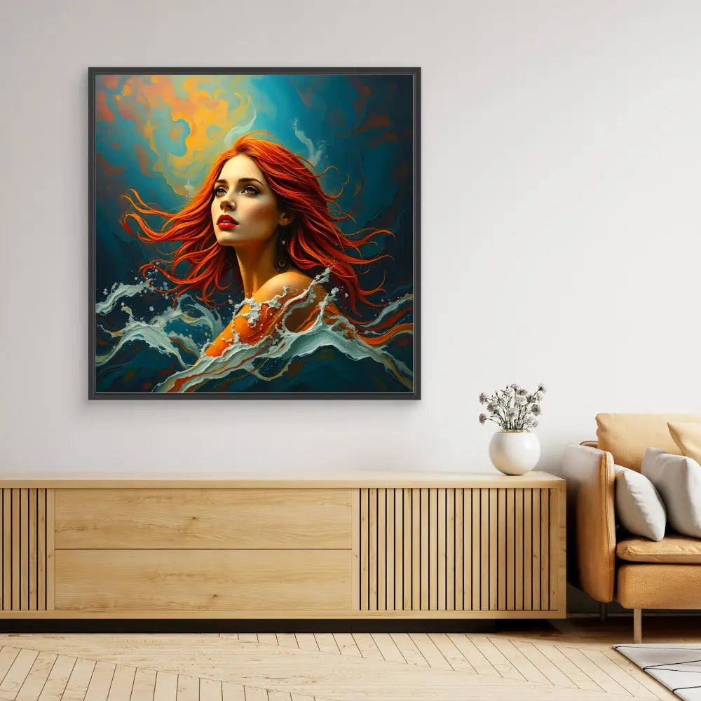 A dramatic portrait painting featuring flowing red hair against swirling turquoise and orange tones.