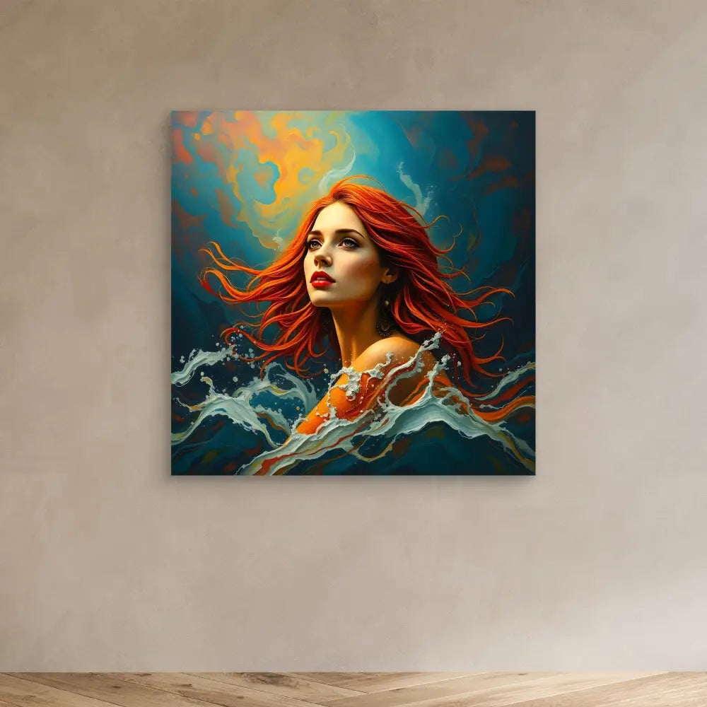 A dramatic portrait painting featuring flowing red hair against swirling waves and clouds.