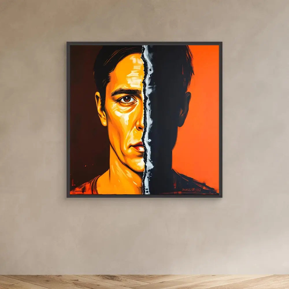 A dramatic portrait painting split into contrasting light and shadow halves against an orange background.