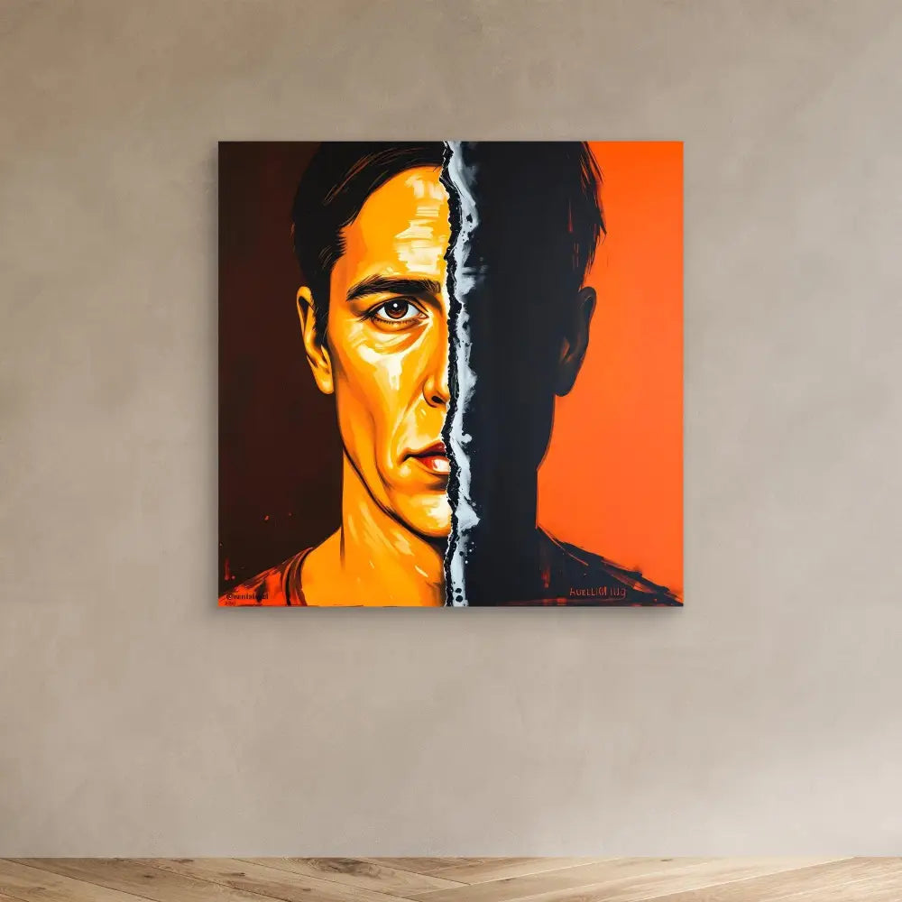 A dramatic portrait painting split into contrasting light and shadow halves against an orange background.