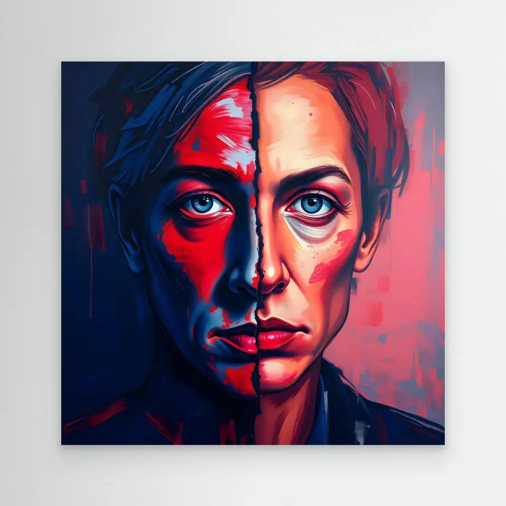 A dramatic portrait painting split between red and blue lighting effects.