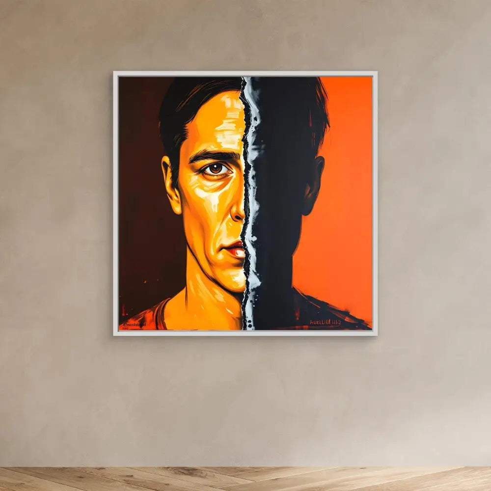 A dramatic portrait painting split vertically between vibrant orange and dark shadow tones.