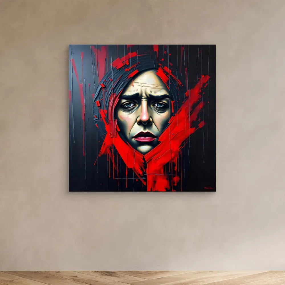 A dramatic portrait painting with stark red splashes against a dark background.