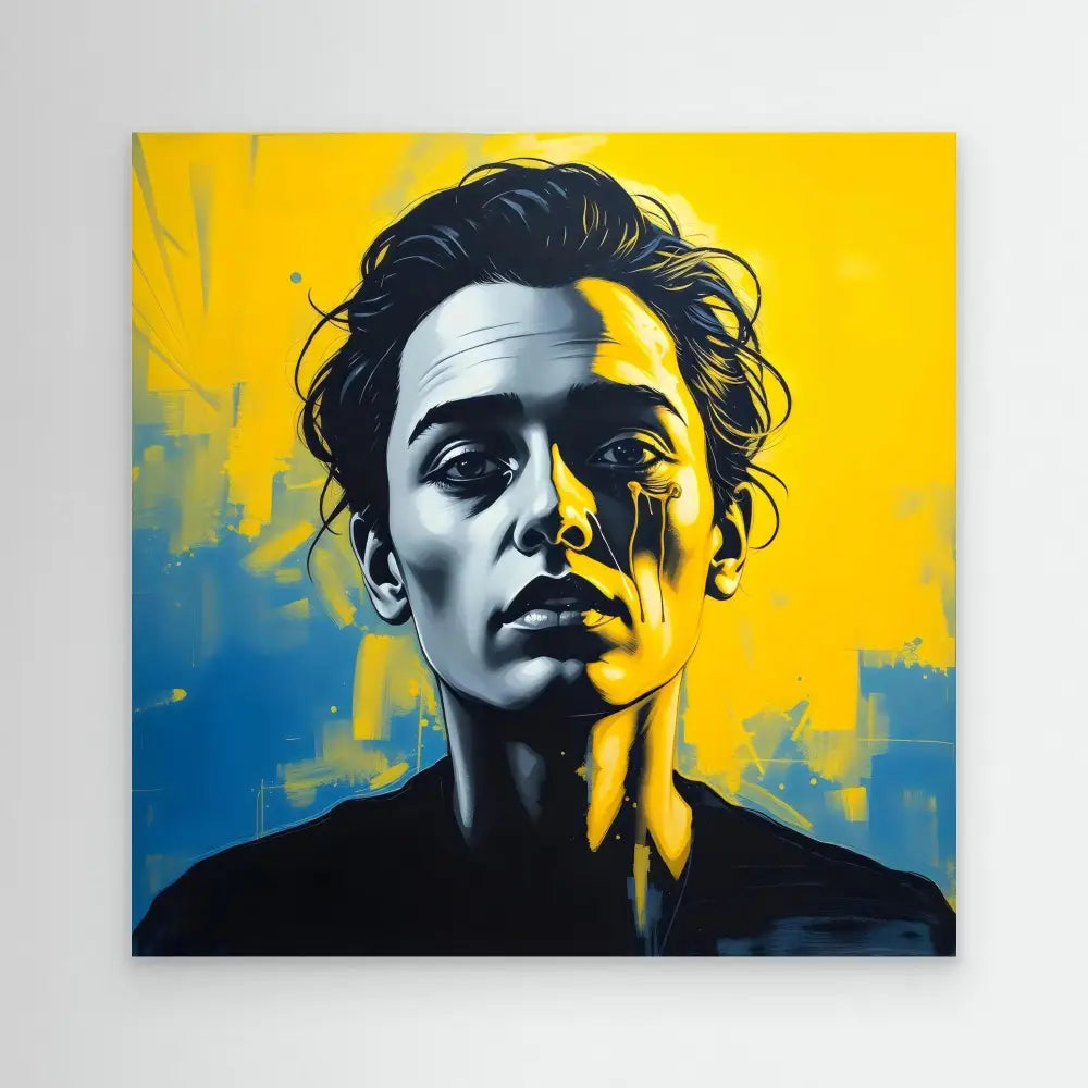 Dramatic portrait painting with stark yellow and blue lighting effects.